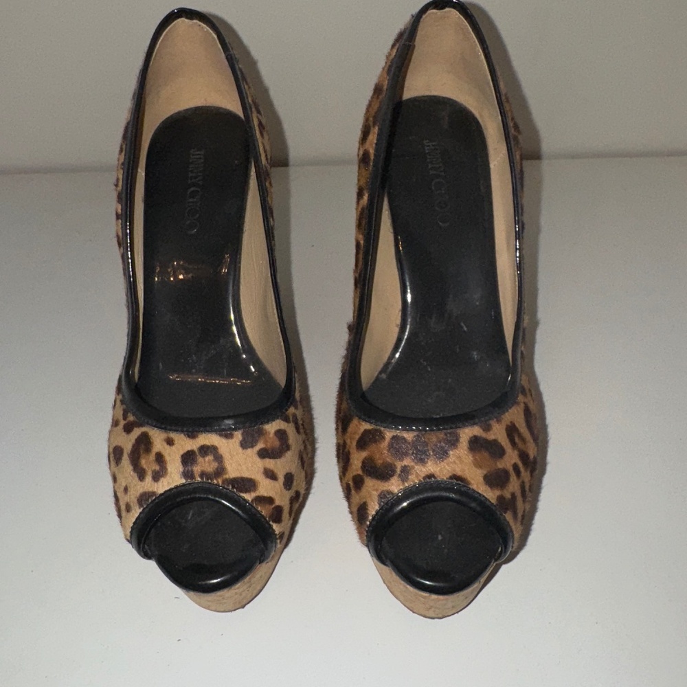 Jimmy Choo peep-toe, wedge pumps with a leopard print and patent leather trim